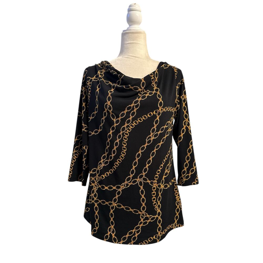 Susan Graver Women’s Chic Black 3/4 Length Sleeve Blouse with Gold Chain Detail